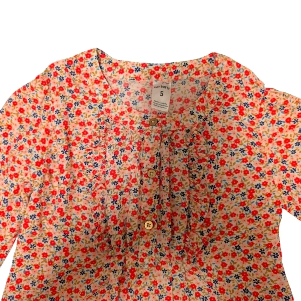 NWOT Carter's Girls Colorful Cotton Floral Kids Shirt Red and White Size 5.